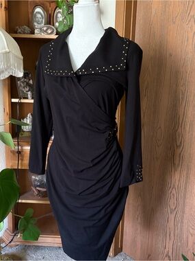 Cache Black Long-Sleeve Stud-Trim Wrap Dress